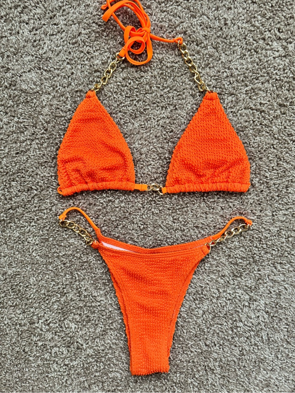 Neon Orange Crinkle Chain Bikini Set Y2K Brazilian Swimwear Small